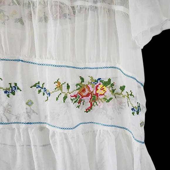 Johnny Was x 4 Love And Liberty White Silk Floral Embroidered Blouse Ruffles - Picture 8 of 15